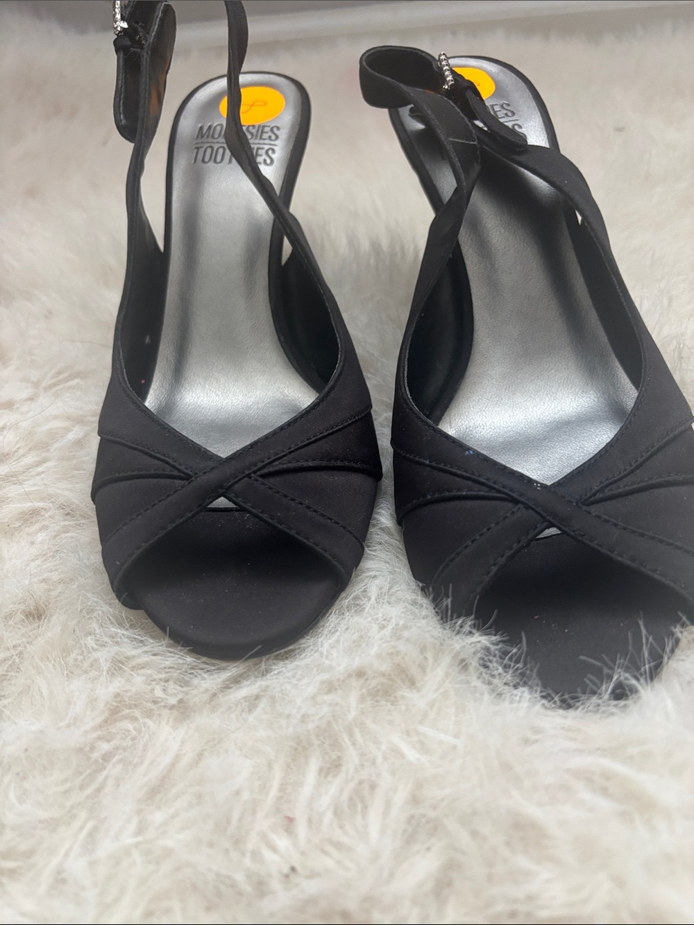 Mootsies Tootsies Black Satin Peep Toe Slingback Heels with Crisscross Detail